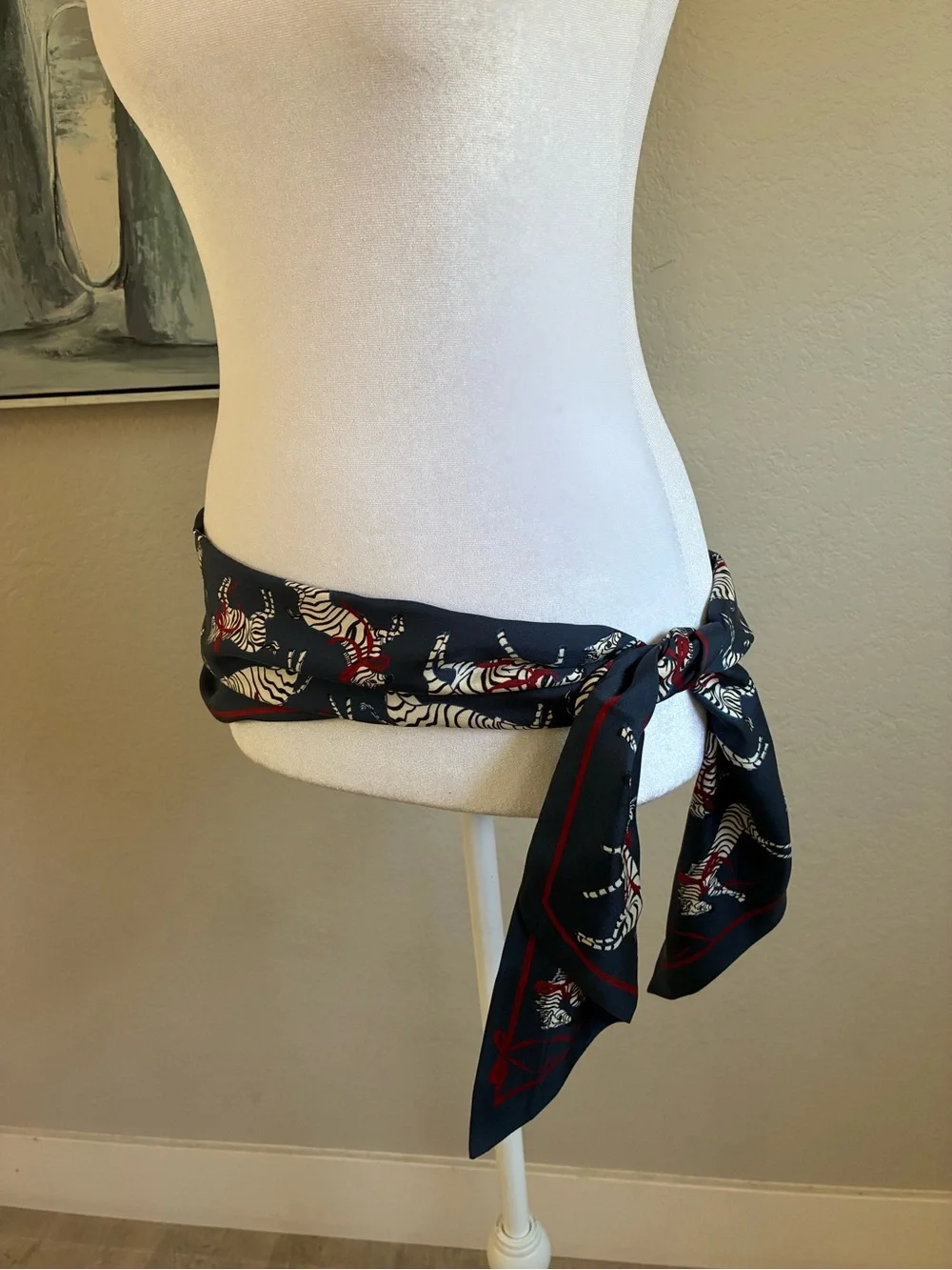 Navy Zebra Print Satin Scarf with Red Bows